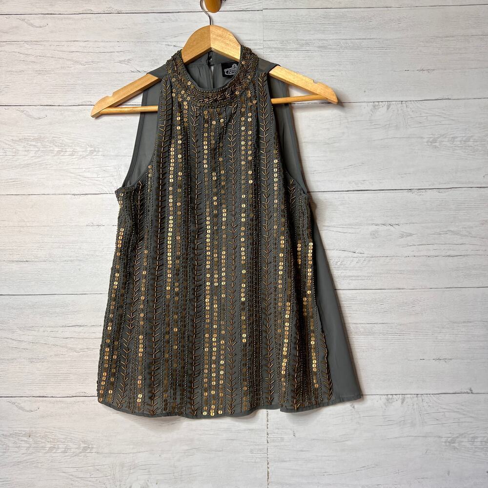 Angie Blouse Womens Size Large Gray Metal Detail Geometric Tank Top Sheer